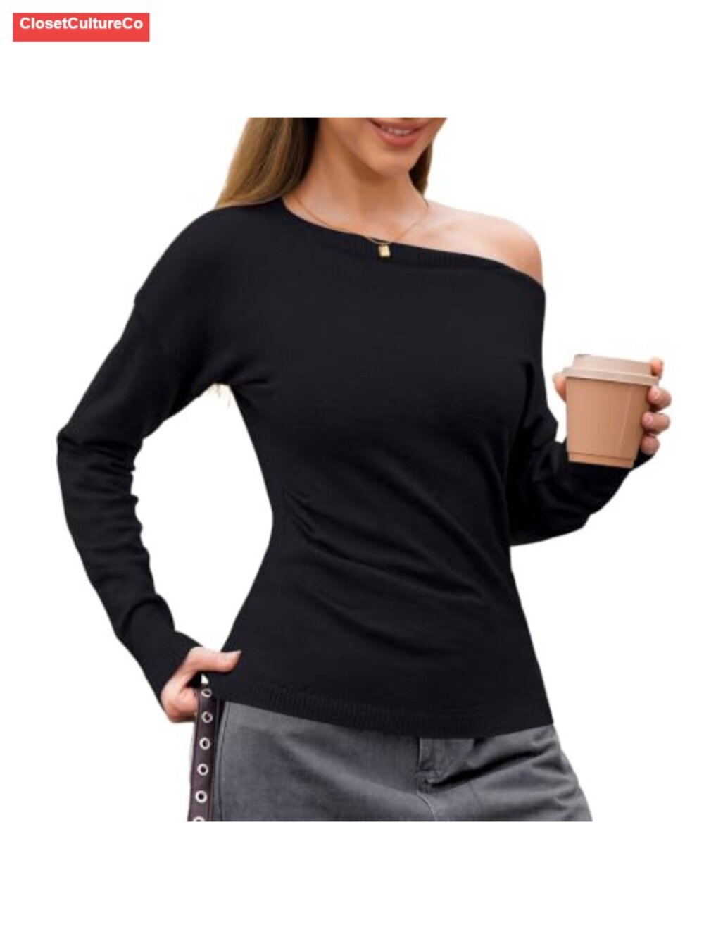 Off Shoulder Boat Neck Sweater Long Sleeve Ruched Slim Fit Pullover